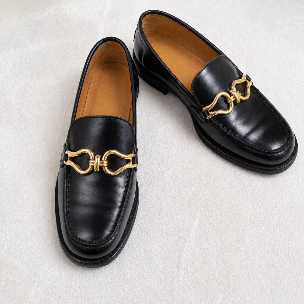 Zara Black Leather Horsebit Loafers Gold Hardware EU 39 Women's 8